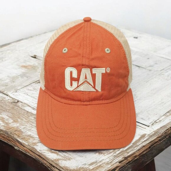 CAT Equipment Embroidered Mesh Strapback Cap Trucker Baseball Hat Orange Tan - Picture 1 of 14